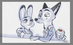  2017 anthro blueberry_(fruit) bulletproof_vest canine carrot clothed clothing disney duo female food fox fruit judy_hopps lagomorph male mammal mistermead muffin nick_wilde police_uniform rabbit restricted_palette smile uniform vegetable zootopia 