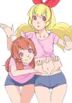  2girls aikatsu! aikatsu!_(series) akinbo_(hyouka_fuyou) bent_over blonde_hair bow bra_strap braid brown_hair collar cowboy_shot crown_braid grey_shorts hair_bow hairband heart heart_hands highres hoshimiya_ichigo long_hair looking_at_viewer micro_shorts midriff multiple_girls navel oozora_akari open_mouth pink_bow pink_eyes pink_shirt red_bow red_eyes red_hairband shirt short_sleeves shorts simple_background standing stomach thigh_gap tied_shirt twintails white_background 