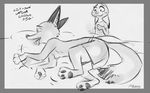  2017 :3 anthro black_and_white canine clothed clothing cute disney duo english_text female fox judy_hopps lagomorph lying male mammal mistermead monochrome nick_wilde on_side rabbit sleeping smile sound_effects text tongue tongue_out topless zootopia zzz 