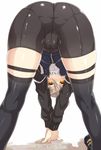  artoria_pendragon_(all) ass bent_over bike_shorts cameltoe fate/grand_order fate_(series) glasses grey_hair gym_uniform jacket looking_through_legs mysterious_heroine_x_(alter) pantylines solo thigh_strap thighhighs torimaru yellow_eyes 