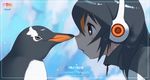  animal bird black_hair character_name copyright_name gentoo_penguin gentoo_penguin_(kemono_friends) group_name headphones jacket kemono_friends logo looking_at_another open_mouth penguin scientific_name short_hair upper_body yoshizaki_mine 