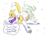  &lt;3 ambiguous_gender blue_eyes diaper digimon drooling feces fur messy_diaper moorph open_mouth renamon saliva scat simple_background soiling solo stink_lines yellow_fur 