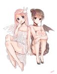  :d alternate_hairstyle angel_and_devil angel_wings artist_name bangs bare_legs bomhat brown_eyes brown_hair bunny_hair_ornament choker demon_wings dress flower full_body hair_bun hair_flower hair_ornament highres long_hair misha_(pita_ten) multiple_girls open_mouth pink_hair pita_ten purple_eyes purple_flower purple_rose rose shia_(pita_ten) signature sitting smile strapless strapless_dress white_background white_dress wings 