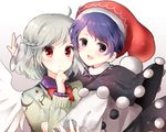 ahoge blue_eyes blue_hair bow bowtie braid chin_hold doremy_sweet dress feathered_wings hat highres jacket kishin_sagume multiple_girls nightcap open_mouth pom_pom_(clothes) purple_dress red_eyes shimishimi15 short_hair silver_hair single_wing smile touhou white_wings wings 