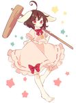  :3 ahoge animal_ears bad_id bad_pixiv_id bare_legs barefoot bow bowtie brown_hair bunny_ears bunny_tail daizu_(melon-lemon) dress frilled_sleeves frills hammer inaba_tewi kine pink_dress puffy_sleeves red_bow red_neckwear short_hair short_sleeves solo tail touhou white_background 
