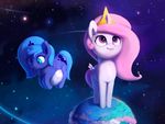 blue_eyes blue_hair cutie_mark detailed_background duo equine female feral friendship_is_magic hair hooves horn macro mammal my_little_pony pink_hair planet princess_celestia_(mlp) princess_luna_(mlp) rodrigues404 sibling sisters smile space standing star winged_unicorn wings young 