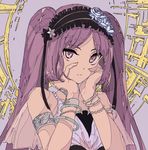  armband bare_shoulders bonnet bracelet euryale eyelashes fate/grand_order fate_(series) flat_color hairband hand_on_own_face highres jewelry kogecha_(coge_ch) long_hair looking_at_viewer purple_eyes purple_hair solo 