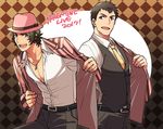  2boys alternate_costume belt brown_hair collarbone dress_shirt enjouji_michiru fedora green_eyes hat idolmaster idolmaster_side-m koutake_hiroyoshi leaning_forward male_focus multiple_boys necktie pectorals pinstripe_pattern purple_eyes shingen_seiji shirt striped valentine waistcoat yellow_neckwear 