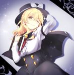  blonde_hair book bow buttons cape cosplay hair_bow hand_on_headwear hat hat_bow hat_ribbon high-waist_skirt highres long_hair maribel_hearn necktie one_eye_closed ribbon shimishimi15 skirt smile solo sparkle touhou usami_renko usami_renko_(cosplay) white_bow yellow_eyes 