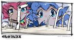  against_glass blue_eyes blue_hair blurry copyright_name depth_of_field eel fish_tank kemono_friends logo multiple_girls nexon official_art open_mouth red_hair shiisaa_lefty shiisaa_right sketch watermark yoshizaki_mine 