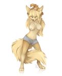  anthro armpits barefoot breasts canine clothed clothing digitigrade eyes_closed female hands_behind_head mammal nipples reysi simple_background smile standing topless white_background 