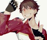  black_gloves brown_hair clenched_hand collarbone ensemble_stars! fingerless_gloves gloves grin jacket looking_at_viewer male_focus morisawa_chiaki red_eyes salute shizu_(9394marimo) simple_background smile solo two-finger_salute upper_body 