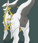  2017 3sthrees anus arceus blush butt deity female feral green_sclera grey_body legendary_pok&eacute;mon looking_at_viewer looking_back nintendo nude pok&eacute;mon pussy raised_tail red_eyes solo video_games white_body yellow_body 
