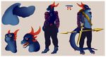  animal_genitalia anthro badquinque balls clothed clothing dragon erection genital_slit horn male melee_weapon polearm slit solo spear standing sword topless weapon 