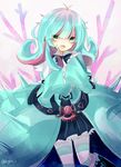  :d aqua_hair bad_id bad_pixiv_id black_skirt blue_dress dress gen_7_pokemon green_eyes kgbt_i looking_at_viewer mareanie multicolored_hair open_mouth personification pink_hair pokemon skirt smile solo standing striped striped_legwear thighhighs twitter_username two-tone_hair wide_sleeves 