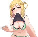  blonde_hair blurry blush bra braid breasts camisole camisole_lift cleavage depth_of_field foreshortening french_braid green_bra green_panties hanging_breasts highres lace lace-trimmed_bra love_live! love_live!_sunshine!! medium_breasts nanotsuki navel ohara_mari one_side_up panties simple_background single_braid solo strap_slip underwear white_background yellow_eyes 