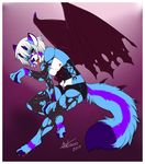  2017 anthro blue_fur canine clothed clothing corsette demon digital_media_(artwork) fox fur girly hair horn legwear long_tongue looking_at_viewer male mammal open_mouth simple_background solo stockings tongue tongue_out torn_clothing 