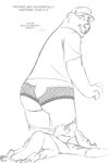  2017 accident akiric anthro assisted_exposure bear black_and_white butt canine clothed clothing dialogue disney duo english_text female fox hat looking_back major_friedkin_(zootopia) male mammal monochrome nick_wilde panties polar_bear rear_view simple_background text underwear wardrobe_malfunction white_background zootopia 