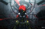  bai_yemeng blood bound bound_arms bound_wrists breasts chain chinese_commentary commentary_request cuffs gatling_gun gun laser laser_sight long_hair mask minigun one_eye_covered original pixiv_fantasia pixiv_fantasia_t red_hair shackles small_breasts solo torn_clothes weapon yellow_eyes 