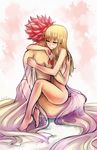  1girl barefoot bed_sheet blonde_hair blush breasts cleavage closed_eyes collarbone fairy_tail girl_on_top hetero highres hug leonstar long_hair lucy_heartfilia medium_breasts natsu_dragneel pink_hair see-through sex smile spiked_hair straddling tattoo upright_straddle 