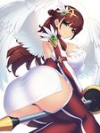  1girl angel_wings artist_request ass breasts brown_hair detached_sleeves dress from_below green_eyes hair_ornament halo large_breasts long_hair looking_at_viewer looking_down original pantyshot shield shiny shiny_hair shiny_skin short_dress sideboob skirt smile solo staff thighhighs very_long_hair wings 