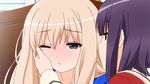  2girls animated animated_gif black_hair blonde_hair blush couple embarrassed gray_eyes kawamura_reo kiss kiss_on_cheek multiple_girls sawaguchi_mai sono_hanabira_ni_kuchizuke_wo wide_eyes yuri 