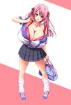  1girl aizawa_momoka big_breasts blush bra breasts brown_eyes btk cleavage female full_body honoo_no_haramase_paidol_my_star_gakuen_z huge_breasts long_hair looking_at_viewer open_mouth pink_hair school_uniform smile solo squeez standing 