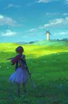  armor blonde_hair broken broken_sword broken_weapon cape cloud day field from_behind full_body grass hiko_(scape) holding holding_sword holding_weapon original outdoors skirt sky solo standing sword torn_cape torn_clothes torn_skirt weapon wind windmill 
