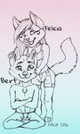  anthro canine chibi clothed clothing duo felicia_cat feline female fur hair male mammal monochrome open_mouth sitting smile standing 