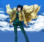  1girl androgynous artist_request backdrop blue_eyes clouds coat collar kino kino_no_tabi long_coat mountains short_hair sky tagme 