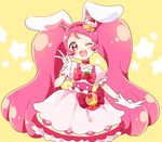  ;d animal_ears bunny_ears buttons choker collarbone cowboy_shot cupcake cure_whip dress extra_ears eyebrows_visible_through_hair eyelashes food frilled_dress frills fruit gloves hair_ornament hairband highres jpeg_artifacts kirakira_precure_a_la_mode long_hair looking_at_viewer magical_girl namori one_eye_closed open_mouth pink_choker pink_eyes pink_hair pom_pom_(clothes) precure puffy_short_sleeves puffy_sleeves short_sleeves smile solo star strawberry tareme twintails usami_ichika v very_long_hair white_gloves yellow_background 