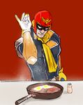  captain_falcon commentary f-zero food frying_pan gloves helmet highres male_focus meme parody pun salt salt_bae_(meme) salt_shaker scarf sketch smile solo suto_(iamsuto) 