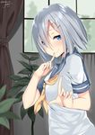  2017 blue_eyes blush closed_mouth curtains dated finger_to_mouth hair_ornament hair_over_one_eye hairclip hamakaze_(kantai_collection) highres index_finger_raised indoors kantai_collection looking_at_viewer nebusoku plant school_uniform serafuku short_hair short_sleeves silver_hair smile solo twitter_username window 