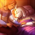  asriel_dreemurr atlas-white bed bedding blanket boss_monster caprine crying eyes_closed fur goat hand_holding human long_ears mammal pendant protagonist_(undertale) sleeping tears undertale video_games white_fur 