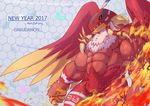  abs ambiguous_gender anthro avian big_muscles chest_tuft claws digimon english_text fire garudamon holidays kenzo. muscular new_year pattern_background pecs simple_background spread_wings text tuft wings year_of_the_rooster 