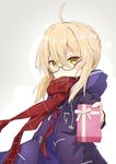  ahoge artoria_pendragon_(all) bangs black-framed_eyewear blush braid checkered checkered_scarf commentary_request covered_mouth cube_(cube00) duffel_coat fate/grand_order fate_(series) gift giving glasses grey_background hair_between_eyes highres holding holding_gift incoming_gift looking_at_viewer mysterious_heroine_x_(alter) neckerchief red_neckwear red_scarf scarf school_uniform semi-rimless_eyewear serafuku sidelocks simple_background solo under-rim_eyewear upper_body valentine 