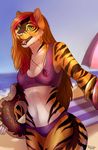  anthro beach clothed clothing felicia_cat feline female jewelry looking_at_viewer mammal necklace open_mouth outside seaside solo standing tiger 