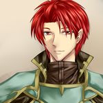  aiden_(formalhauto2) armor bangs collar fire_emblem fire_emblem:_seima_no_kouseki grey_background looking_at_viewer male_focus pauldrons red_eyes red_hair seth_(fire_emblem) shirt simple_background smile solo 
