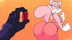 2017 anthro big_butt blue_eyes breasts butt cat clothed clothing feline female food fur mammal pink_fur rear_view shima_luan super_planet_dolan vimhomeless youtube 