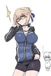  absurdres adjusting_eyewear ahoge artoria_pendragon_(all) artoria_pendragon_(lancer_alter) bangs bike_shorts black_jacket black_legwear blonde_hair blue_ribbon braid breasts cleavage contrapposto cosplay cowboy_shot depo_(typebaby505) fate/grand_order fate_(series) glasses hair_bun hair_ribbon hand_on_hip highres impossible_jacket jacket jitome large_breasts looking_at_viewer multiple_girls mysterious_heroine_x_(alter) mysterious_heroine_x_(alter)_(cosplay) neck_ribbon ribbon semi-rimless_eyewear shirt sidelocks simple_background standing swept_bangs track_jacket unamused under-rim_eyewear white_background white_shirt yellow_eyes 