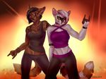  2016 anthro armpits breasts clothed clothing duo ear_piercing felicia_cat feline female mammal piercing smile tattoo tongue tongue_out 