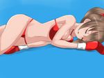  1girl beaten bikini boxing boxing_gloves breasts brown_hair cleavage defeated eyes_closed injury large_breasts open_mouth original ponytail shamanwer solo swimsuit thong unconscious underwear 