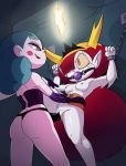  2018 4_fingers ball_gag bound breasts butt cabronpr clitoris clothing corset crown demon dildo domination dungeon eclipsa_butterfly fangs female female/female female_domination fire gag green_hair hair hekapoo hi_res horn horned_humanoid human humanoid lingerie lipstick long_hair makeup mammal nipples not_furry orange_eyes purple_eyes pussy raised_leg rear_vuew red_hair sex sex_toy smile star_vs._the_forces_of_evil strapon tiara vaginal 