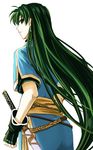  alternate_hairstyle delsaber earrings fingerless_gloves fire_emblem fire_emblem:_rekka_no_ken gloves green_eyes green_hair hair_down jewelry long_hair lyndis_(fire_emblem) side_slit simple_background solo sword very_long_hair weapon white_background 