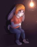  anthro clothed clothing felicia_cat female fur hair lagomorph mammal rabbit sad simple_background solo 