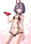  alcohol arched_back bangs blue_eyes blush breasts collarbone cowboy_shot cup eyebrows_visible_through_hair fang fate/grand_order fate_(series) gem hair_between_eyes hand_up highres horns looking_at_viewer navel oni oni_horns open_mouth purple_hair revealing_clothes sakazuki sake short_hair_with_long_locks shuten_douji_(fate/grand_order) small_breasts smile solo thick_eyebrows wenhe white_background 