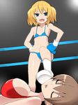  2girls bikini blonde_hair blue_bikini blue_eyes boxing boxing_gloves breasts brown_hair cleavage defeated fang feet femdom foot_on_head from_below humiliation large_breasts multiple_girls open_mouth red_bikini ryona shamanwer stepped_on stomping swimsuit thong thong_bikini twintails unconscious underwear 