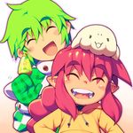  2girls :d blush_stickers braid eyebrows_visible_through_hair female green_hair grin hood hoodie korone_(metata) metata multiple_girls open_mouth original pointy_ears red_hair 