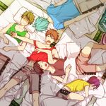  black_hair blue_hair brown_hair dakimakura_(object) drooling ensemble_stars! futon lying male_focus morisawa_chiaki multiple_boys nagumo_tetora nayuta_(charinkoo) off_shoulder on_stomach pillow purple_hair ryuuseitai saliva sengoku_shinobu shaded_face shinkai_kanata sleeping takamine_midori tank_top tatami 