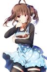  :q ahoge apron bangs black_blouse black_legwear blouse blush bowl brown_hair chocolate commentary_request cowboy_shot eyebrows_visible_through_hair food food_on_face hair_ornament hair_scrunchie highres holding holding_bowl idolmaster idolmaster_million_live! legs_apart long_hair long_sleeves looking_to_the_side mixing_bowl open_mouth polka_dot polka_dot_apron ro_risu scrunchie shorts side_ponytail simple_background solo thighhighs tongue tongue_out valentine white_background yokoyama_nao 
